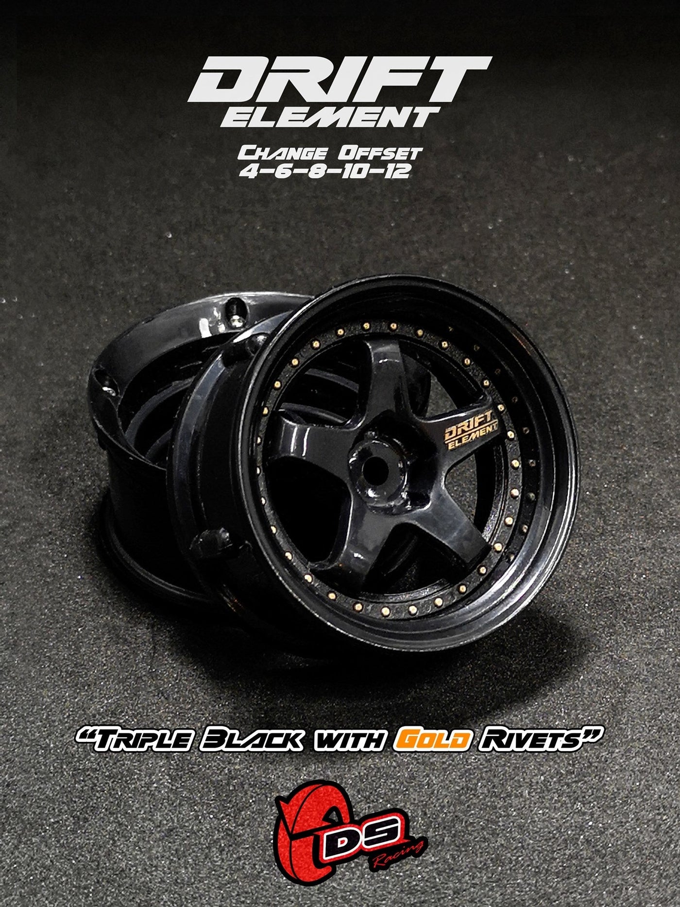 DS Racing Drift Element 5 Spoke (Triple Black w/Gold Rivets) (2) DE-007