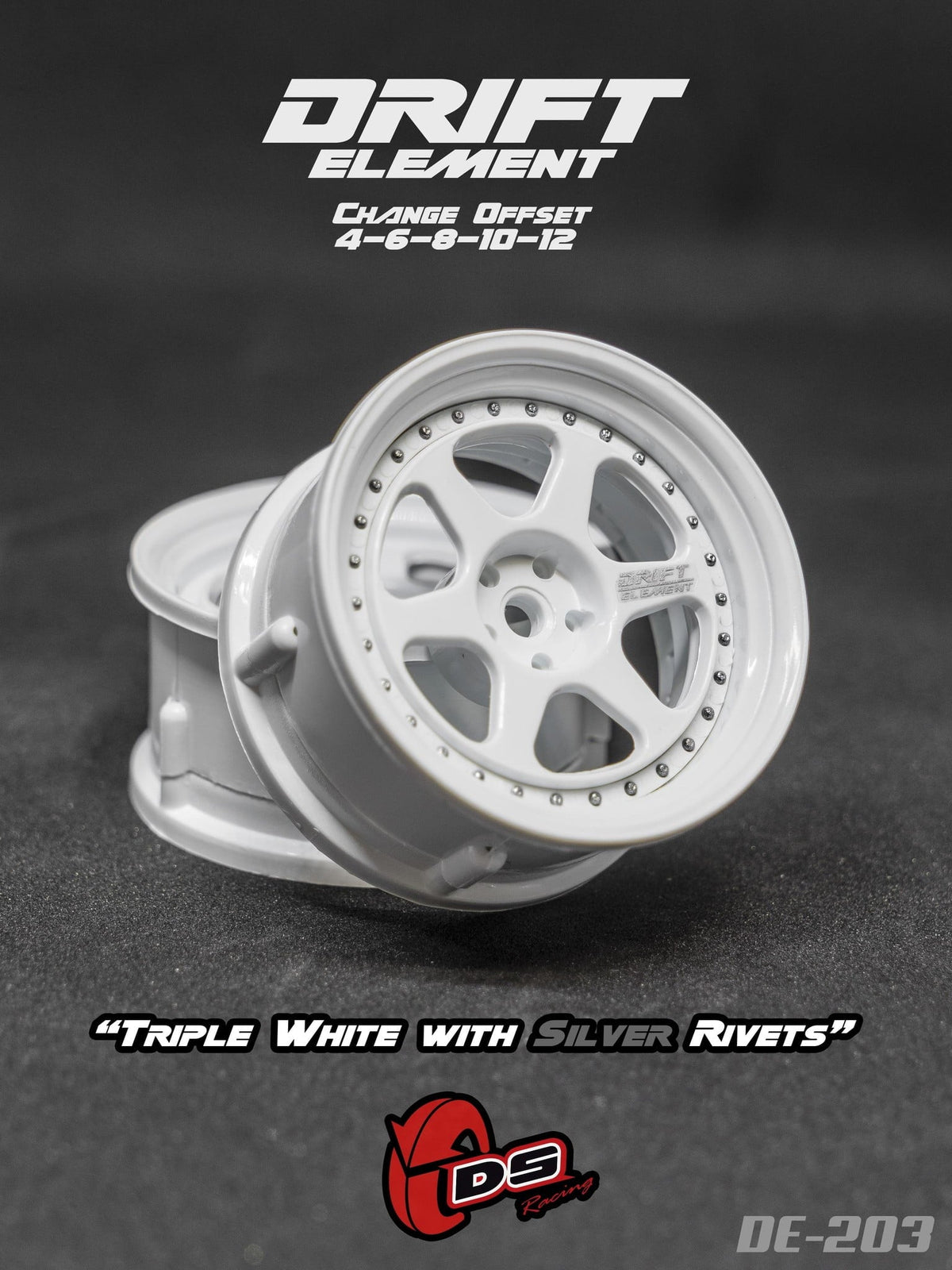 DS Racing Drift Element 6 Spoke (Triple White w/Silver Rivets) (2) DE-203