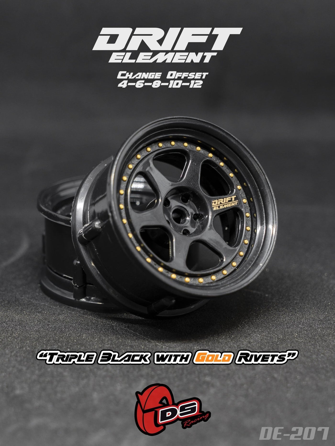 DS Racing Drift Element 6 Spoke (Triple Black w/Gold Rivets) (2) DE-207