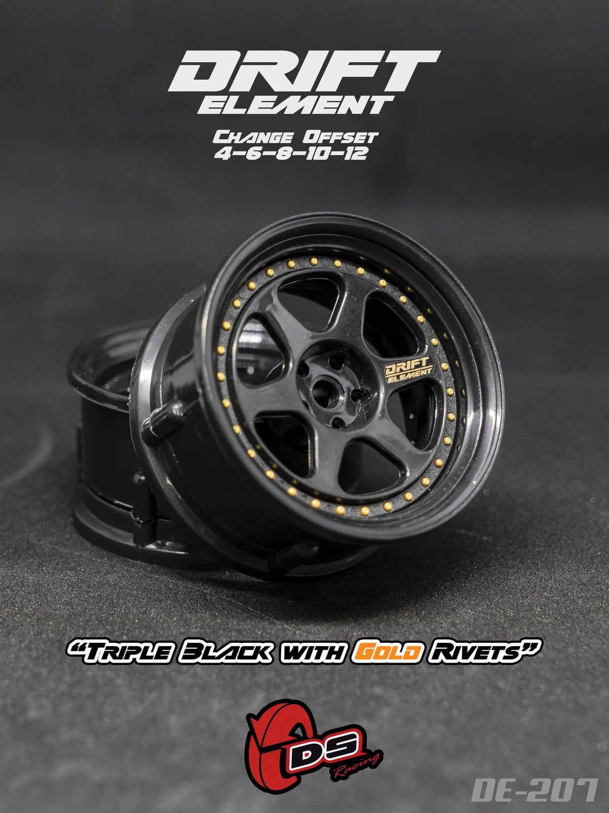 DS Racing Drift Element 6 Spoke (Triple Black w/Gold Rivets) (2) DE-207