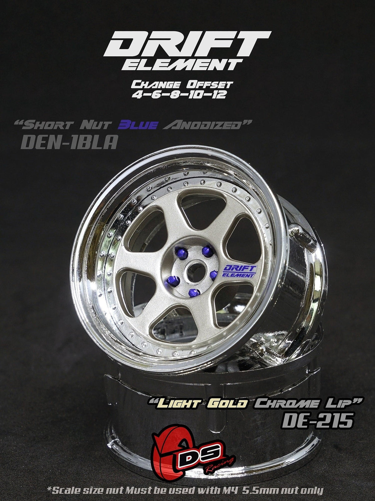 DS Racing Drift Element II 6 Spoke Rim 2 pcs Light Gold Chrome Lip - DE-215