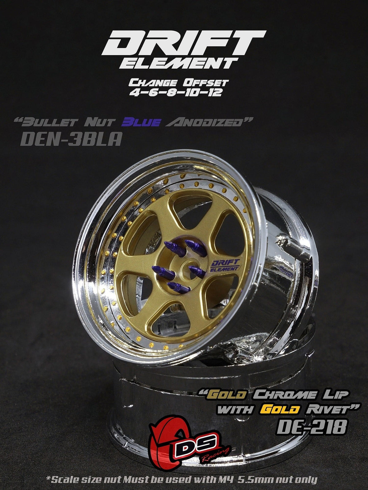 DS Racing Drift Element II 6 Spoke Rim 2 pcs Gold Chrome Lip with Gold Rivets - DE-218