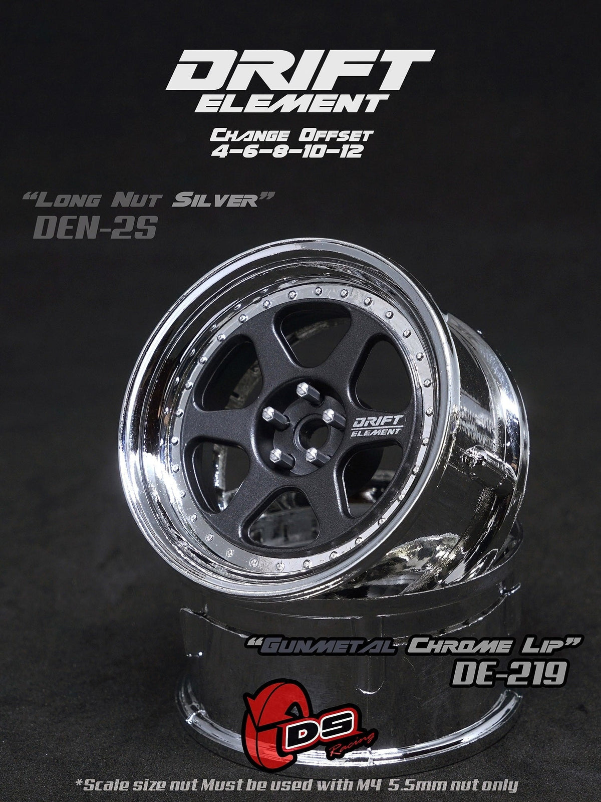 DS Racing Drift Element II 6 Spoke Rim 2 pcs Gunmetal Chrome Lip - DE-219