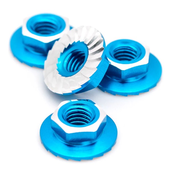 1Up Racing - Lockdown 7075 aluminium M4 flanged and serrated  wheel nuts - Brite Blue (4)
