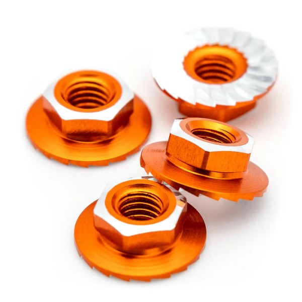 1Up Racing - Lockdown 7075 aluminium M4 flanged and serrated  wheel nuts - Orange (4)