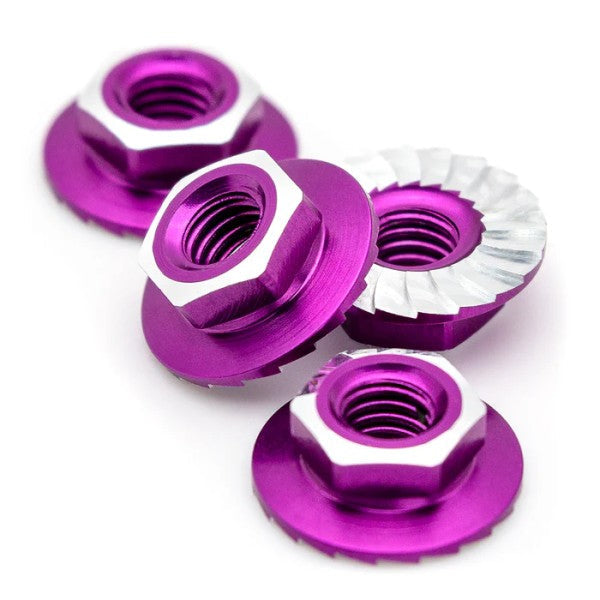 1Up Racing - Lockdown 7075 aluminium M4 flanged and serrated  wheel nuts - Purple (4)
