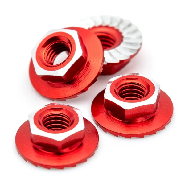 1Up Racing - Lockdown 7075 aluminium M4 flanged and serrated  wheel nuts - Red (4)