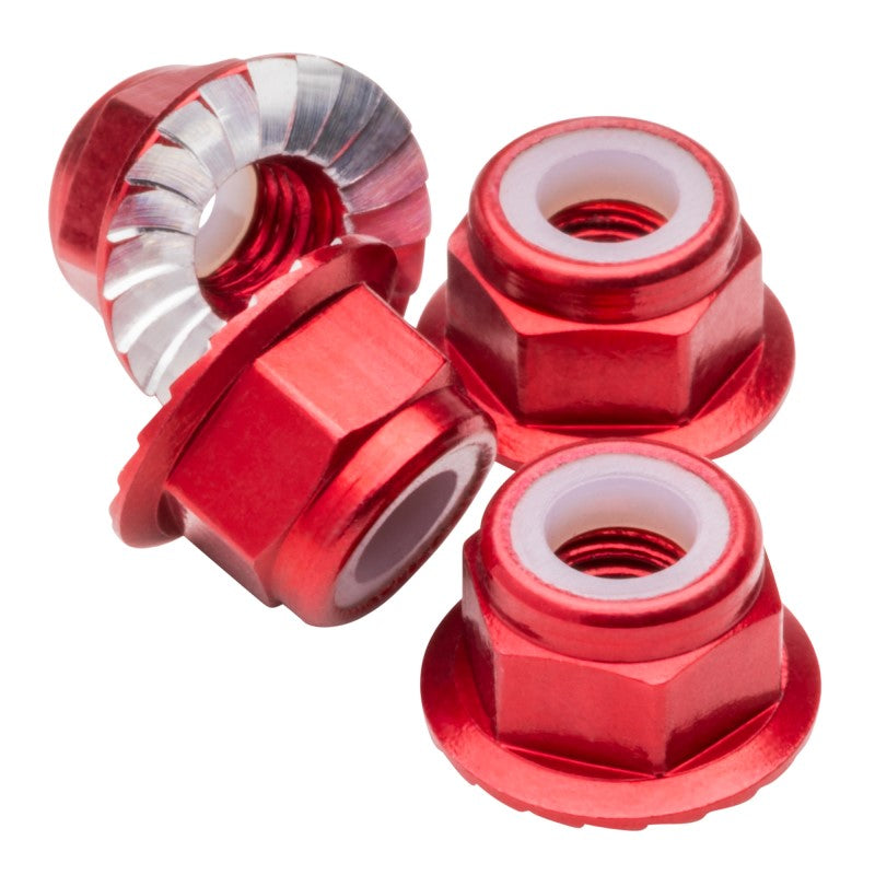 M4 Flanged & Serrated aluminium Locknuts - Red - 4pcs