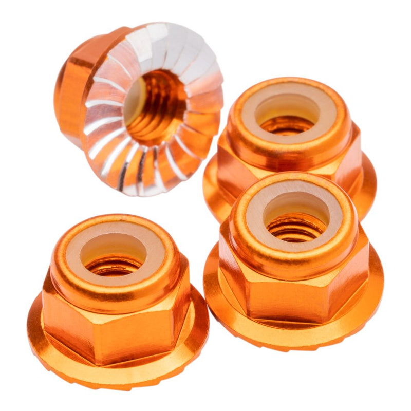 M4 Flanged & Serrated aluminium Locknuts - Orange - 4pcs