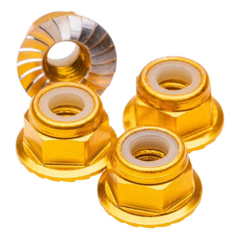 M4 Flanged & Serrated aluminium Locknuts - Gold - 4pcs