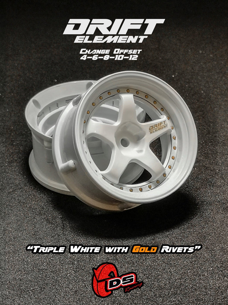 DS Racing Drift Element 5 Spoke (Triple White w/Gold Rivets) (2) DE-004