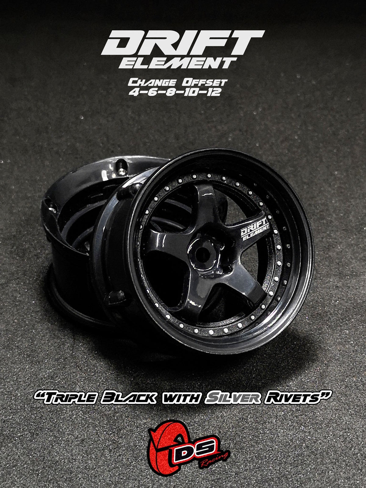 DS Racing Drift Element 5 Spoke (Triple Black w/Silver Rivets) (2) DE-006
