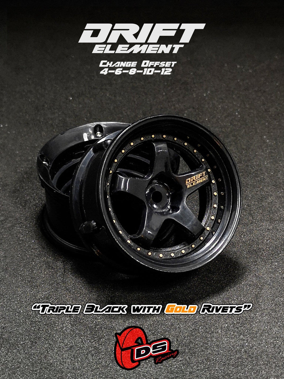 DS Racing Drift Element 5 Spoke (Triple Black w/Gold Rivets) (2) DE-007