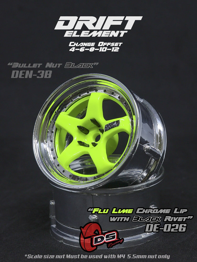 DS Racing Drift Element 5 Spoke (Green Face/Chrome Lip/Black Rivet) (2) DE-026