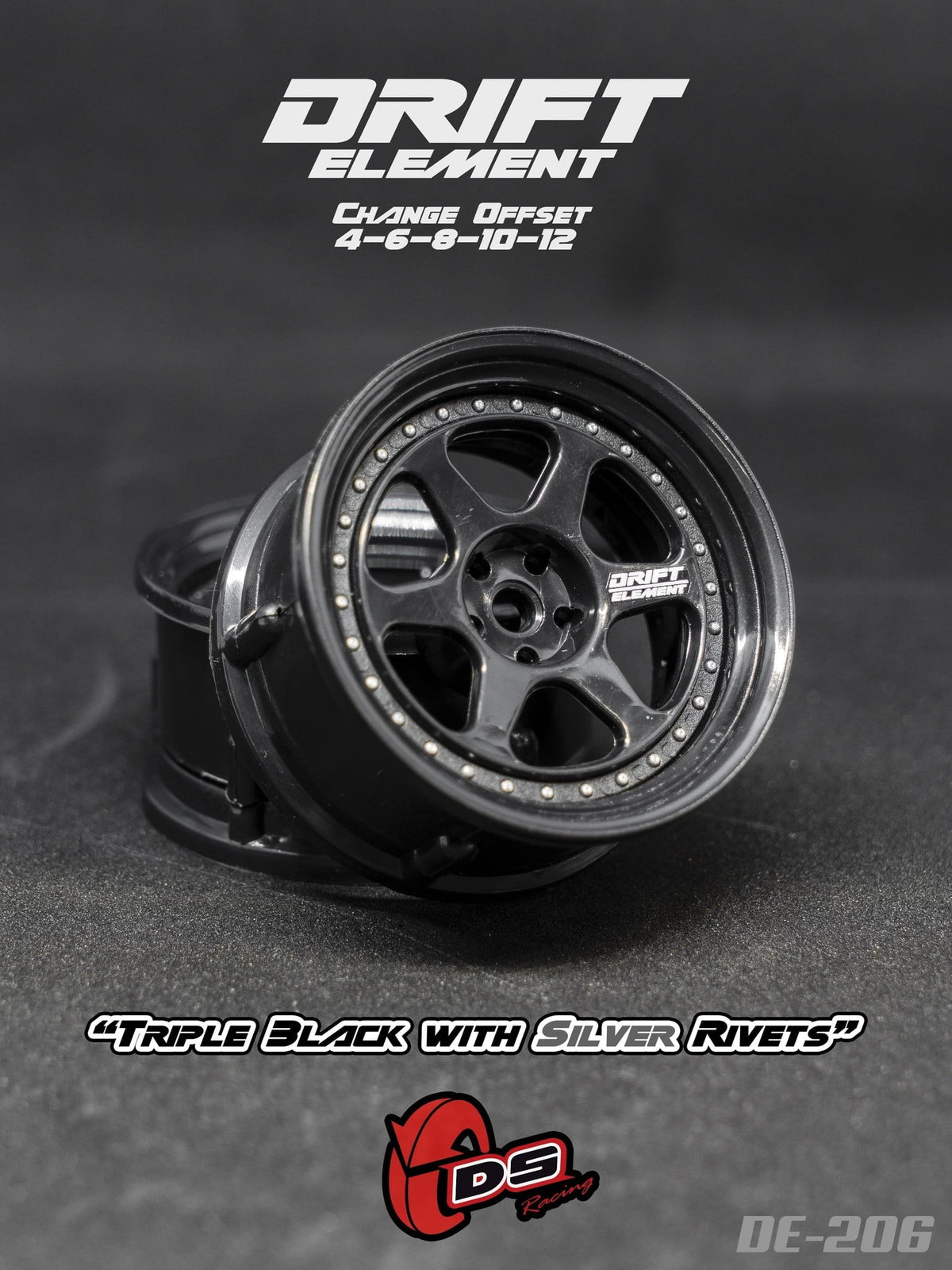 DS Racing Drift Element 6 Spoke (Triple Black w/Silver Rivets) (2)  DE-206