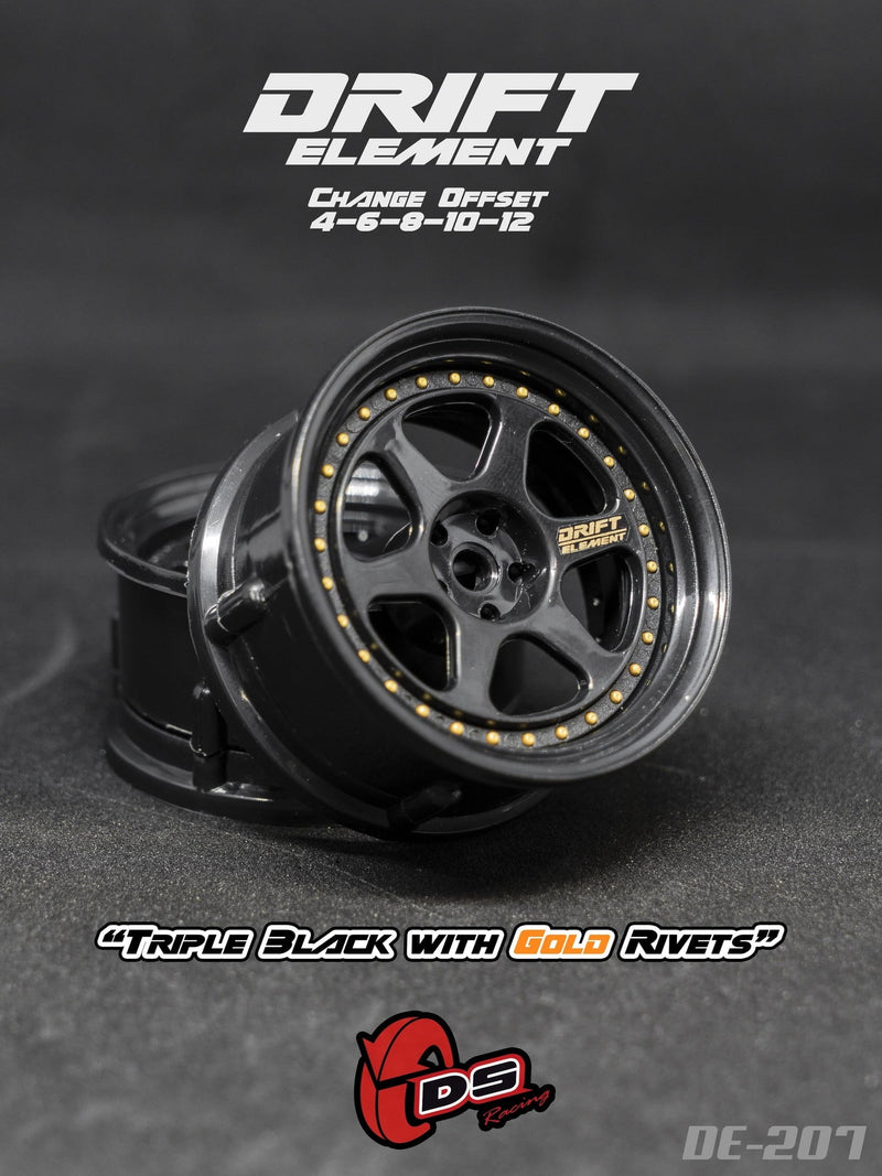 DS Racing Drift Element 6 Spoke (Triple Black w/Gold Rivets) (2) DE-207