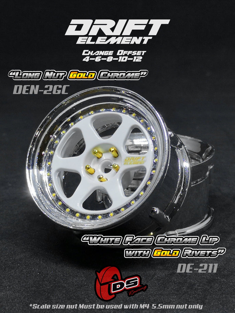 DS Racing Drift Element II 6 Spoke Rim 2 pcs White Face Chrome Lip with Gold Rivets - DE-211