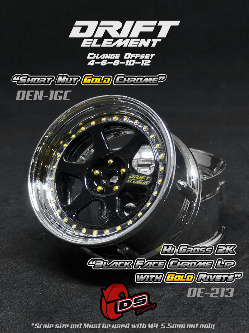 DS Racing Drift Element II 6 Spoke Rim 2 pcs Hi Gross 2K Black Face Chrome Lip with Gold Rivets - DE213