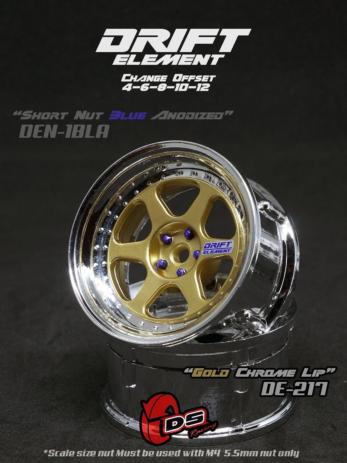DS Racing Drift Element II 6 Spoke Rim 2 pcs Gold Chrome Lip - DE-217