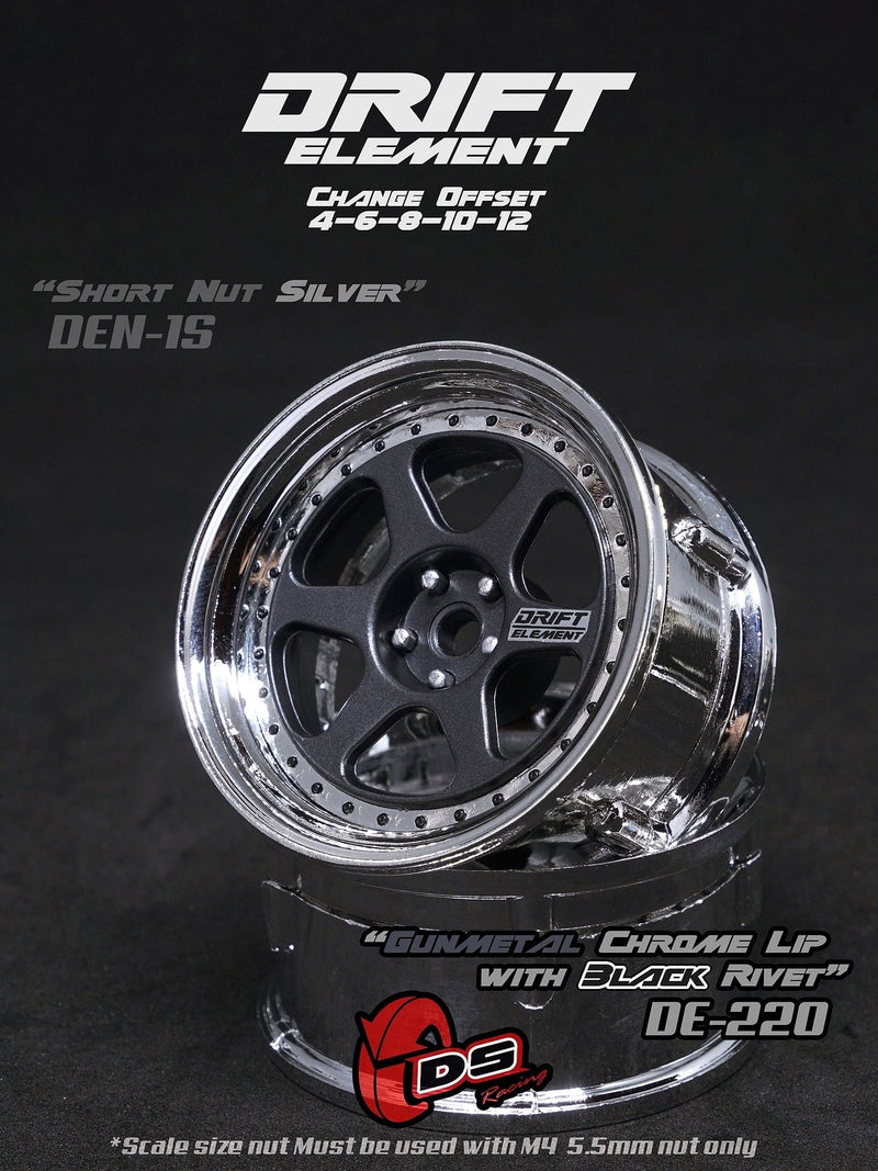 DS Racing Drift Element II 6 Spoke Rim 2 pcs Gunmetal Chrome Lip with Black Rivets - DE-220